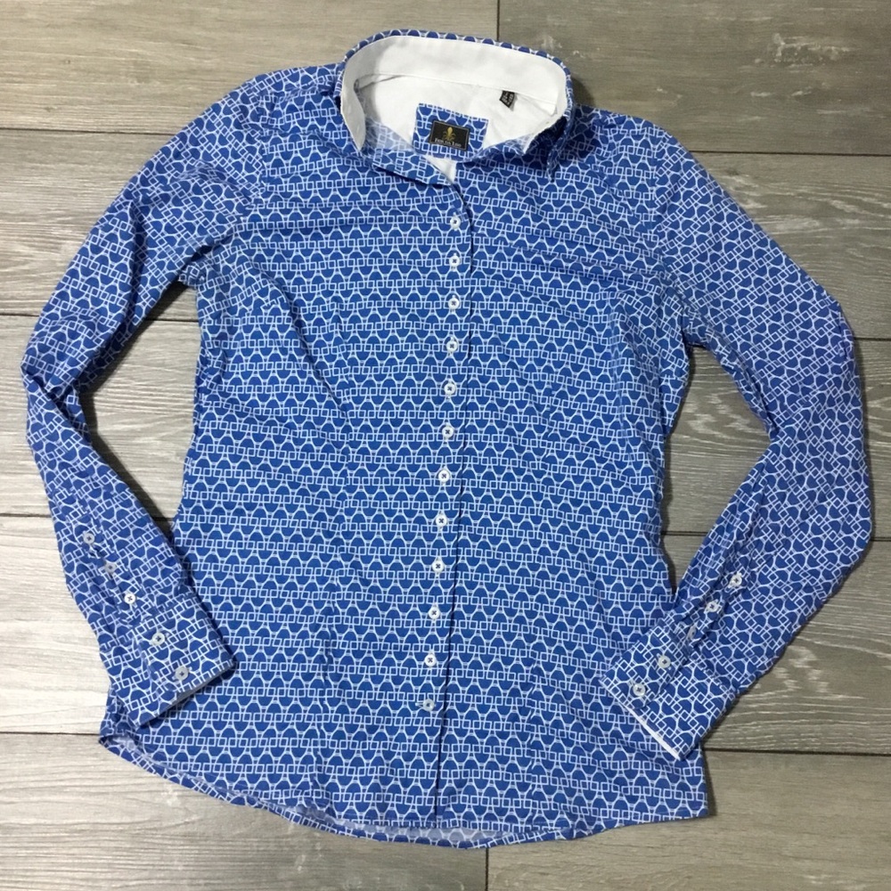 FIOR DA LISO PAULA Equestrian Button Up Top Blue White Size 8